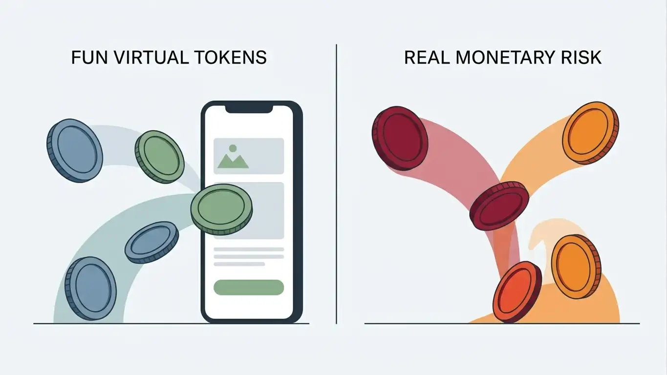 Editorial illustration comparing virtual social casino play with real-money gambling