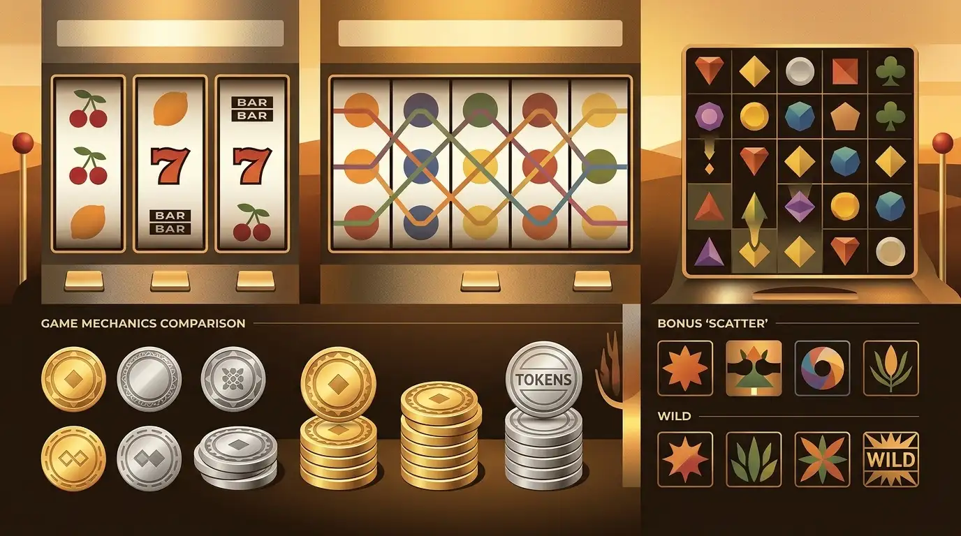 Abstract illustration of varied slot-style reels and virtual tokens