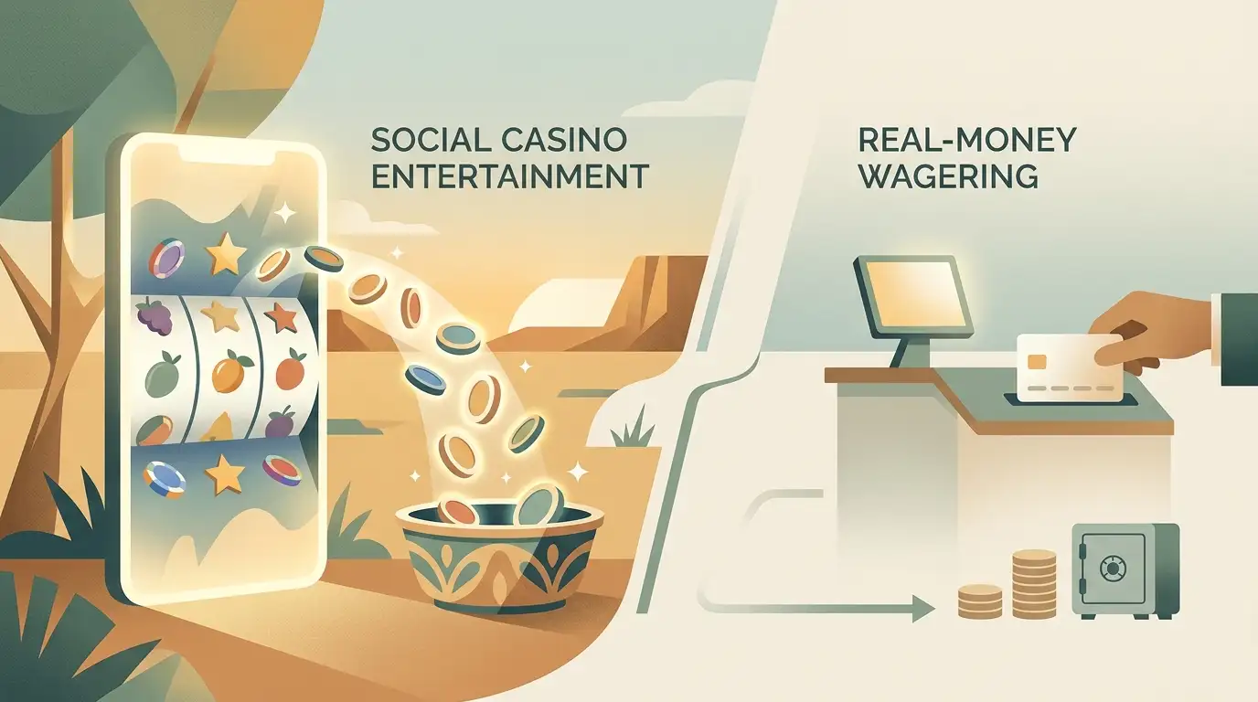 Conceptual social casino interface represented as virtual entertainment without cash withdrawal