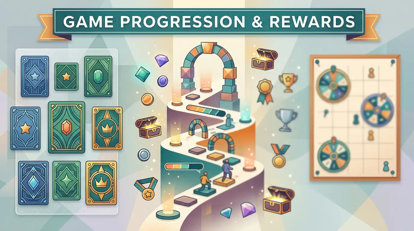 Abstract illustration of game progression, collection cards and virtual rewards